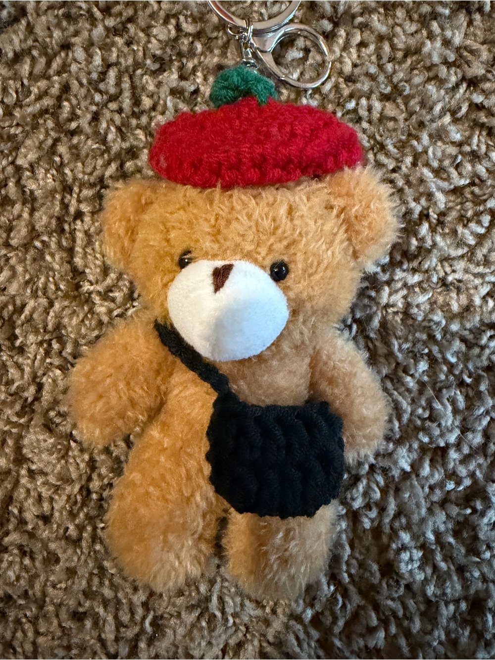 Plush Brown Bear Keychain with Red Hat and Black Bag